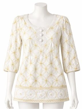 Lilly Pulitzer Gold Tunic Shirt Small Embroidered‎ Shannon 3/4 Sleeve Lined